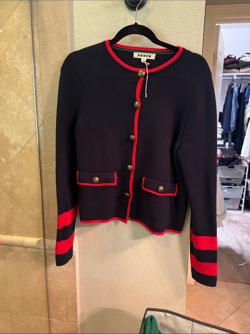 Boden Navy Cardigan with Red Trim and Gold Buttons